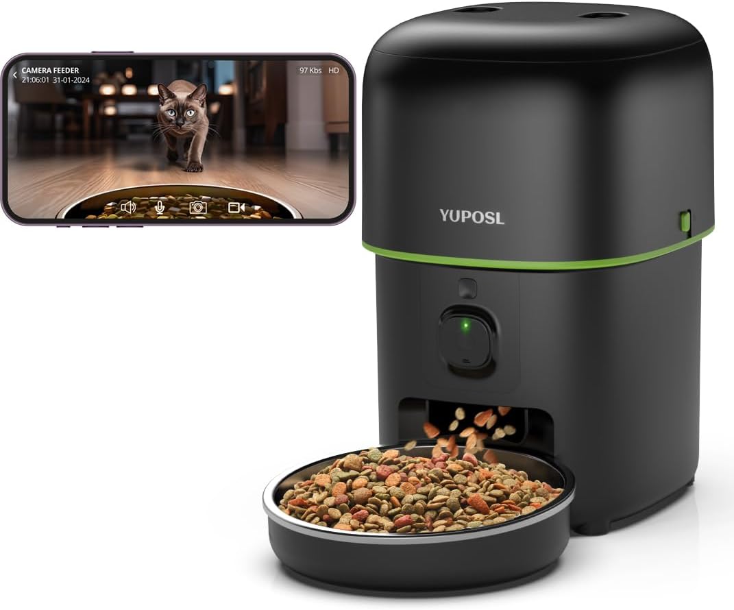 Automatic Cat Feeder with Camera, 2L Automatic Cat Feeder, 5G WiFi APP Control, 1080P HD Video Night Vision, 1-16 Meals, 1-99 Portions, Desiccant to Keep Dry Food Fresh