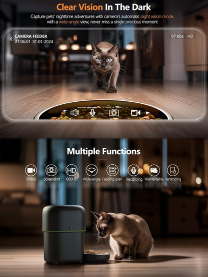 Automatic Cat Feeder with Camera, 2L Automatic Cat Feeder, 5G WiFi APP Control, 1080P HD Video Night Vision, 1-16 Meals, 1-99 Portions, Desiccant to Keep Dry Food Fresh