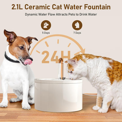 DOOOB Ceramic Cat Water Fountain, 2.1L/71oz Ceramic Cat Fountain, Automatic Ceramic Water Fountain for Cats, Pet Water Fountain with Ultra-Quiet Pump and Filter & Sponge (White)