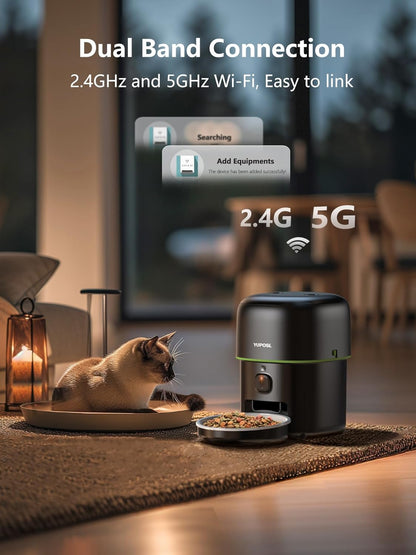 Automatic Cat Feeder with Camera, 2L Automatic Cat Feeder, 5G WiFi APP Control, 1080P HD Video Night Vision, 1-16 Meals, 1-99 Portions, Desiccant to Keep Dry Food Fresh